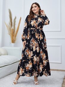 Modelyn Vestido largo de mujer estampado floral con volantes en el bajo y cinturón, vestido largo de noche - Negro - Ver 5