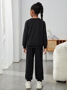 SHEIN Girls Slogan Graphic Patched Detail Pullover & Joggers Set - Black - View 2