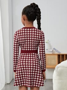 SHEIN Tween Girl Long Sleeve Knitted Jumpsuit With Tweed Houndstooth Pattern And Front Button - Burgundy - View 2