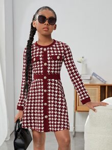 SHEIN Tween Girl Long Sleeve Knitted Jumpsuit With Tweed Houndstooth Pattern And Front Button - Burgundy - View 3