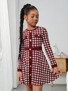 SHEIN Tween Girl Long Sleeve Knitted Jumpsuit With Tweed Houndstooth Pattern And Front Button - Burgundy - View 5