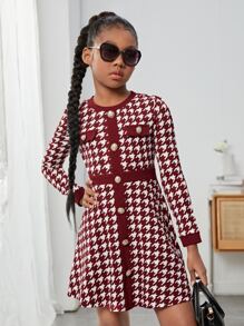 SHEIN Tween Girl Long Sleeve Knitted Jumpsuit With Tweed Houndstooth Pattern And Front Button - Burgundy - View 6
