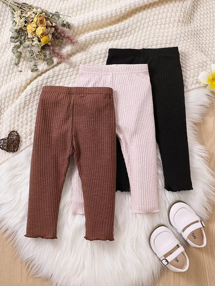 Bebé 3 piezas Pantalones tejido de canalé ribete en forma de lechuga - Multicolor - Ver 1