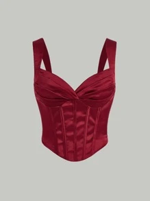 SHEIN MOD Áo hai dây Xù Dây kéo Nếp gấp Phần Ngực màu trơn Buổi tiệc - Màu Đỏ Sâu - Xem 2