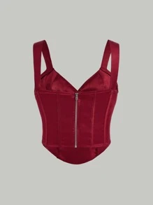 SHEIN MOD Áo hai dây Xù Dây kéo Nếp gấp Phần Ngực màu trơn Buổi tiệc - Màu Đỏ Sâu - Xem 10