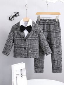 SHEIN 小男童格紋西裝領西裝外套和褲子無襯衫