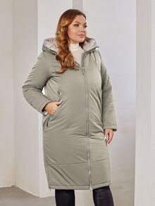 Abrigo con capucha con cremallera acolchado talla grande - Caqui - Ver 3