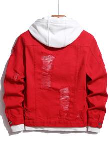 Manfinity Homme 男士长袖棉质破洞翻盖口袋牛仔夹克（无帽），秋季款 - 紅色 - 查看 2