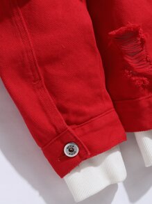 Manfinity Homme 男士长袖棉质破洞翻盖口袋牛仔夹克（无帽），秋季款 - 紅色 - 查看 3