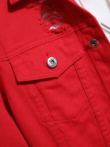 Manfinity Homme 男士长袖棉质破洞翻盖口袋牛仔夹克（无帽），秋季款 - 紅色 - 查看 4