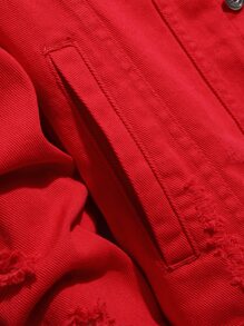 Manfinity Homme 男士长袖棉质破洞翻盖口袋牛仔夹克（无帽），秋季款 - 紅色 - 查看 5