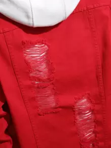 Manfinity Homme 男士长袖棉质破洞翻盖口袋牛仔夹克（无帽），秋季款 - 紅色 - 查看 7