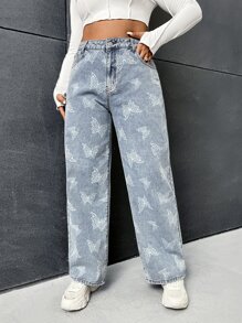 SHEIN EZwear Plus Butterfly Print Straight Leg Jeans - Light Wash - View 1