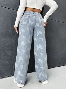 SHEIN EZwear Plus Butterfly Print Straight Leg Jeans - Light Wash - View 2