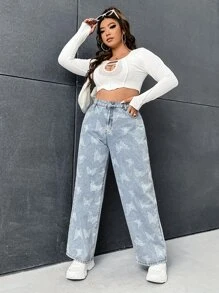 SHEIN EZwear Plus Butterfly Print Straight Leg Jeans - Light Wash - View 5