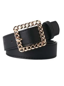 Chain Decor Square Buckle Belt - Black - View 1