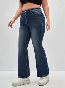 SHEIN Essnce Plus High Waist Flare Leg Jeans - Dark Wash - View 3