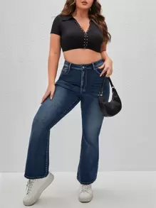 SHEIN Essnce Plus High Waist Flare Leg Jeans - Dark Wash - View 4