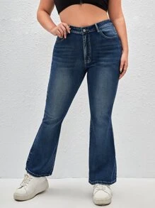 SHEIN Essnce Plus High Waist Flare Leg Jeans - Dark Wash - View 1