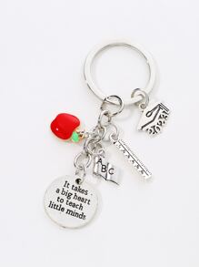 con estampado de slogan Libro & con diseño de manzana Llavero - Plateado - Ver 1