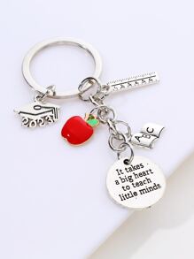 con estampado de slogan Libro & con diseño de manzana Llavero - Plateado - Ver 2