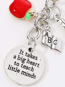 con estampado de slogan Libro & con diseño de manzana Llavero - Plateado - Ver 3