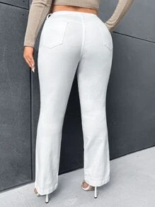 SHEIN Lady 大碼拉鏈門襟牛仔喇叭褲 - 白色 - 查看 2