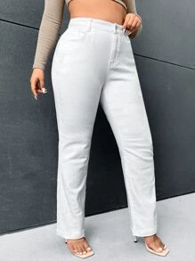 SHEIN Lady 大碼拉鏈門襟牛仔喇叭褲 - 白色 - 查看 4