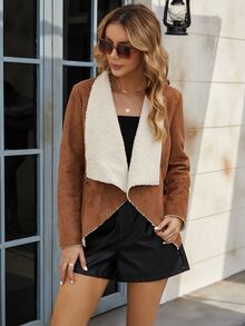 大翻領毛絨內襯仿麂皮夾克 - 棕色 - 查看 5