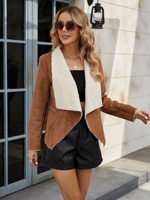 大翻領毛絨內襯仿麂皮夾克 - 棕色 - 查看 6