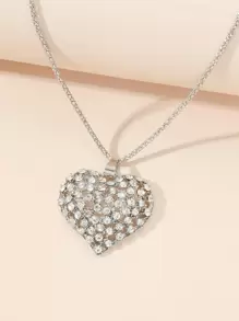 Rhinestone Heart Pendant Necklace Valentines - Silver - View 2
