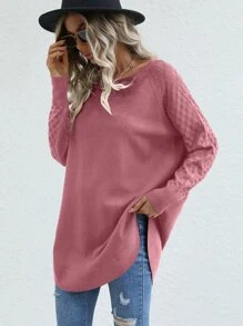 SHEIN LUNE 插肩袖弧形下擺套頭毛衣 - 藕粉色 - 查看 3