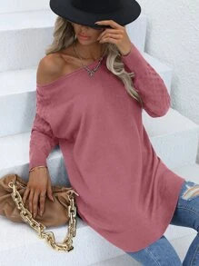 SHEIN LUNE 插肩袖弧形下擺套頭毛衣 - 藕粉色 - 查看 4