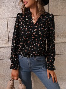 SHEIN Clasi 印花荷葉袖襯衫 - 黑色 - 查看 1