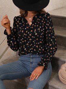 SHEIN Clasi 印花荷葉袖襯衫 - 黑色 - 查看 3