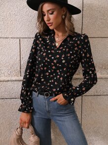 SHEIN Clasi 印花荷葉袖襯衫 - 黑色 - 查看 6