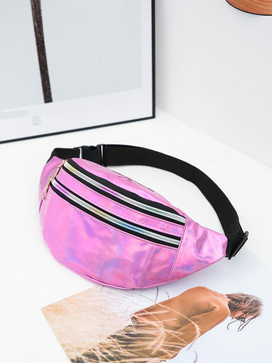 Holographic Double Zipper Waist Bag pink - Pink - View 1