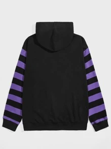 ROMWE MEN Guys Striped Letter Graphic Kangaroo Pocket Drawstring Hoodie - Black - View 2