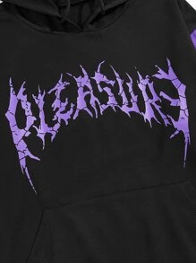 ROMWE MEN Guys Striped Letter Graphic Kangaroo Pocket Drawstring Hoodie - Black - View 4