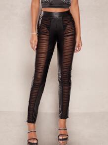 SHEIN BAE Pantalones ajustados fruncido de malla transparente - Negro - Ver 2