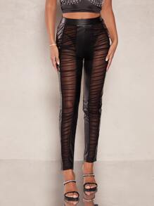 SHEIN BAE Pantalones ajustados fruncido de malla transparente - Negro - Ver 5