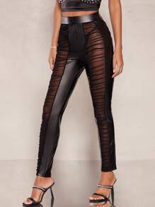 SHEIN BAE Pantalones ajustados fruncido de malla transparente - Negro - Ver 6