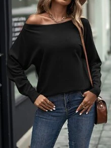 SHEIN LUNE Boat Neck Dolman Sleeve Sweater - Black - View 1