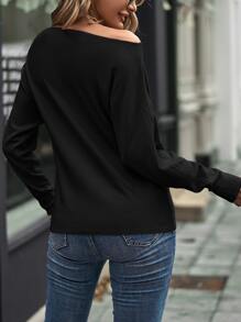 SHEIN LUNE Boat Neck Dolman Sleeve Sweater - Black - View 2