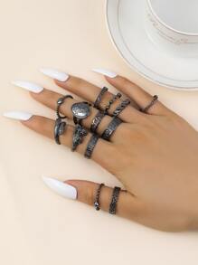 13入组/套蘑菇和貓細節戒指 - 槍黑色 - 查看 1