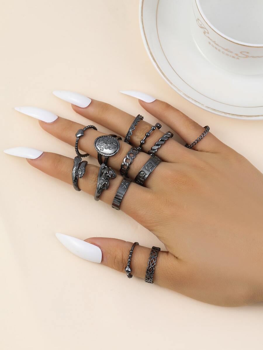 13入组/套蘑菇和貓細節戒指 - 槍黑色 - 查看 1