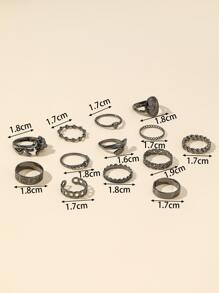 13入组/套蘑菇和貓細節戒指 - 槍黑色 - 查看 3