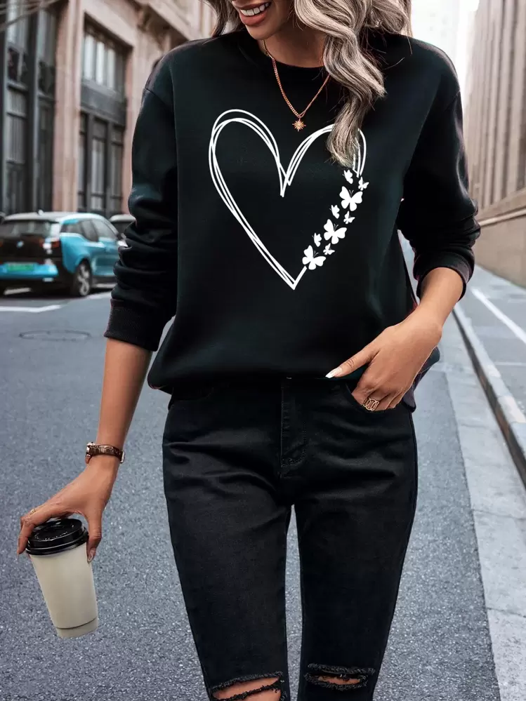 INAWLY סווטשירט עם הדפס לב תרמי, נשים אביב/סתיו מזדמנים שרוולים ארוכים צווארון עגול התאמה רגילה רגיל שחור שחור סוודרים שרוולים רגילים קפוצ'ונים לנשים - שחור - ראה 1