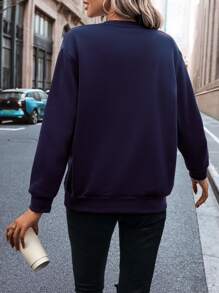 SHEIN LUNE Solid Thermal Lined Sweatshirt - Navy Blue - View 2