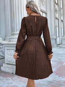 SHEIN LUNE 斑點印花荷葉袖百褶下擺繫腰帶連衣裙 - 咖啡棕 - 查看 2